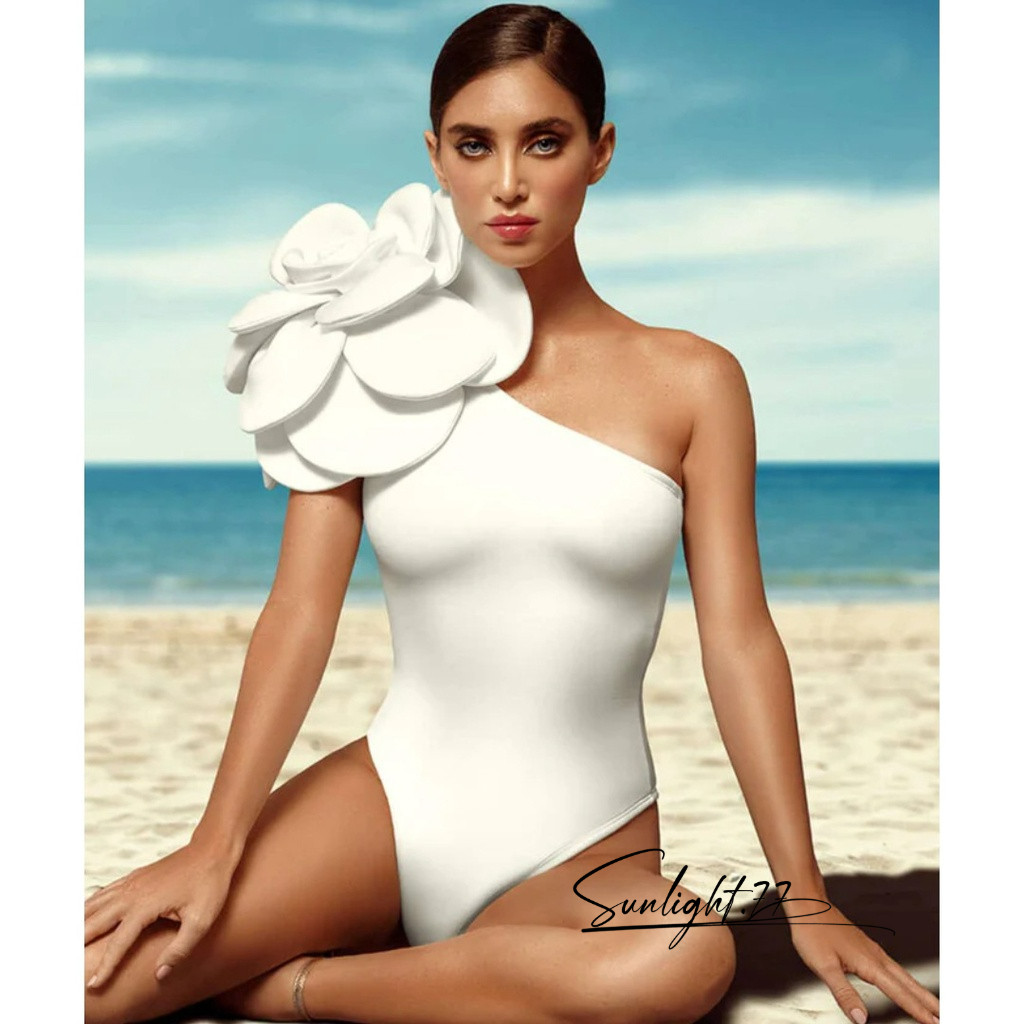 Maiô feminino biquíni de roupa de banho 3D flor design de cor sólida moda de um ombro biquíni