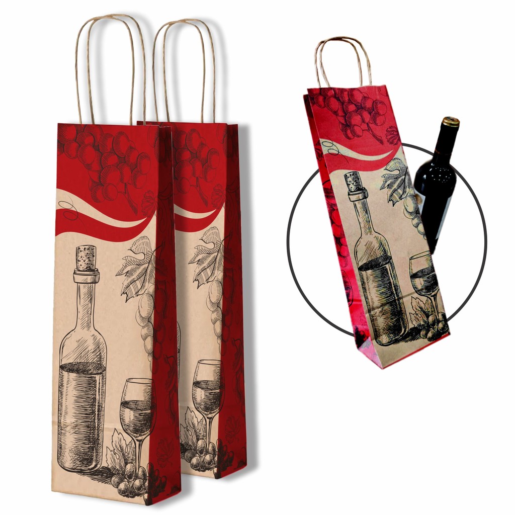 Sacola Kraft Para Vinho - Modelo Vermelho e Preto - 50 Unid