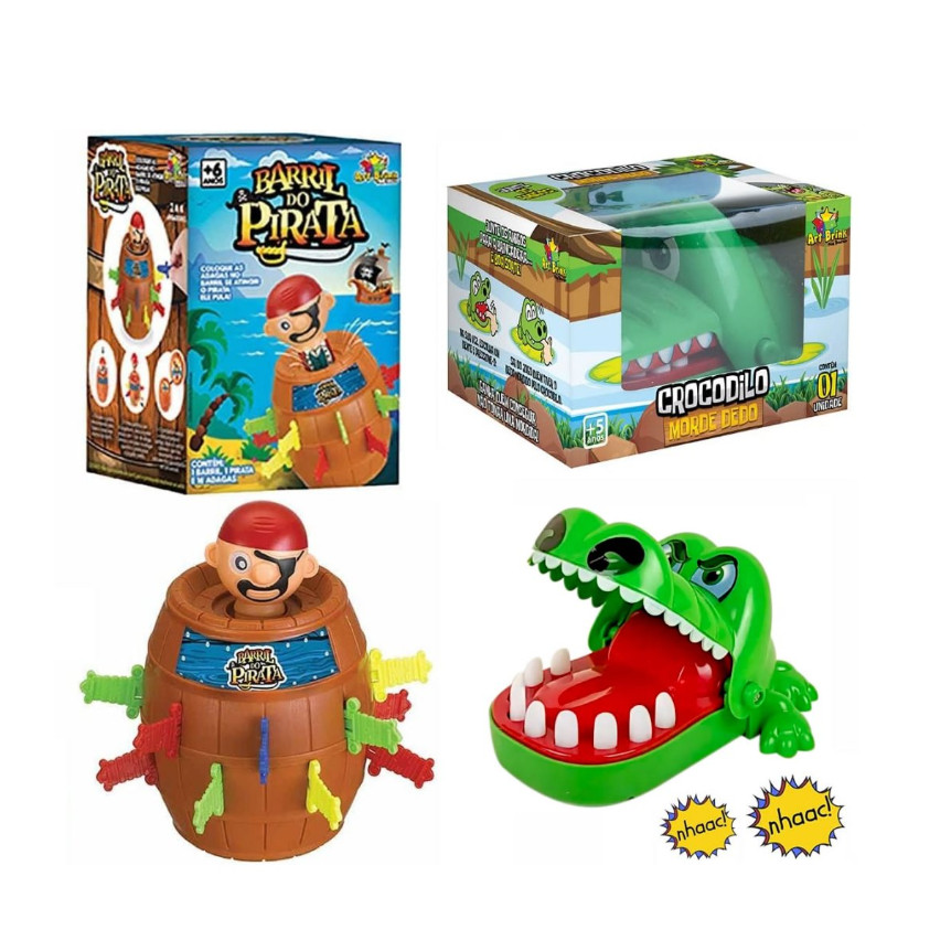 Kit com 2 Jogos Divertidos Pula Pirata Barril + Jogo Croc Croc Crocodilo Morde Dedo Jacaré Dentista