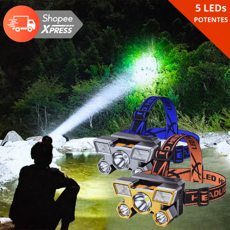 Lanterna de Cabeça 5 LEDs Recarregável USB Luz Forte 4 Modos À Prova d’Água