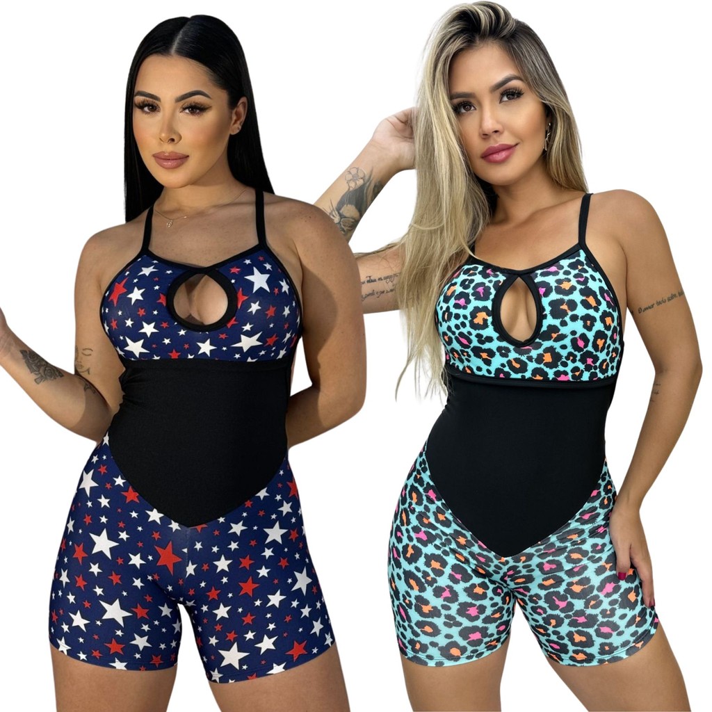 KIT Com 2 Macaquinho De Academia fitness Short Shortinho Curto Estampado