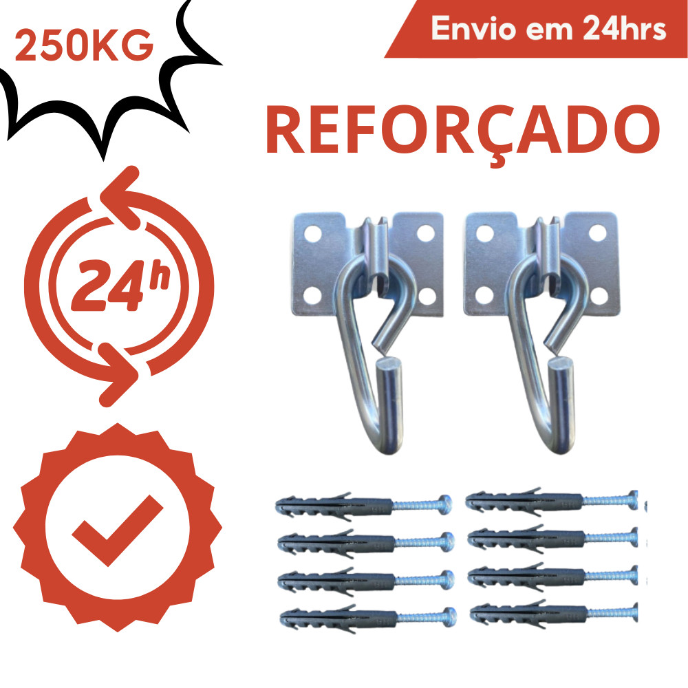 Kit Par Suporte Gancho De Rede Balanço 250kg Armador Aço Grosso Reforçado Com 8 Parafusos E 8 Buchas