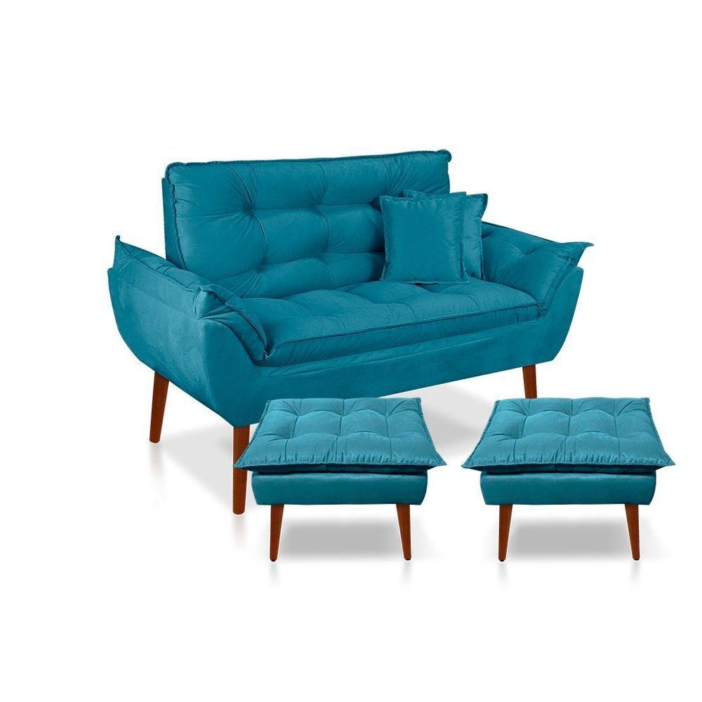 Kit C/ 01 Namoradeira Opala + 02 Puffs Opala + 02 Almofadas Suede Azul Tiffany