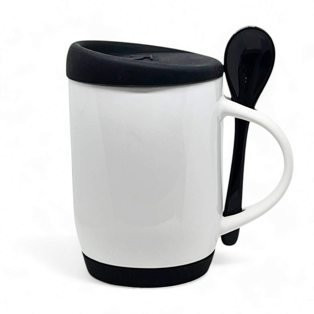 Caneca de Cerâmica Branca e Colher Preta com Tampa e Base em Silicone para Sublimação - 325ml