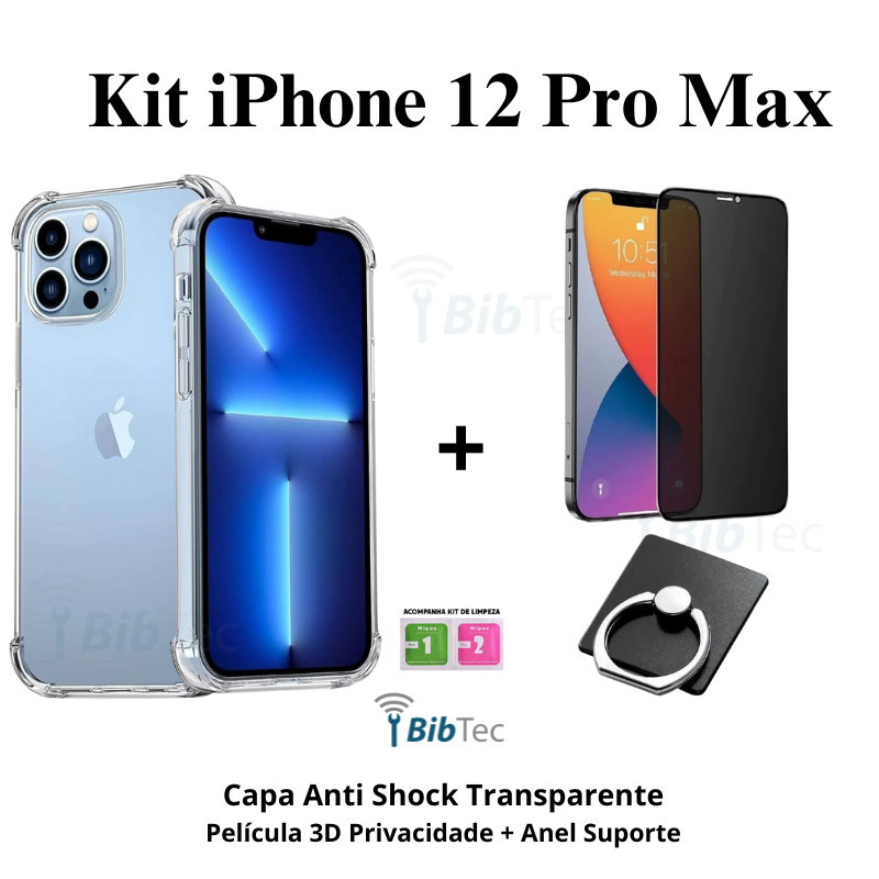 Kit Capa Transparente + Película 3D de Vidro Privacidade + Suporte de Anel para Iphone 12 Pro Max