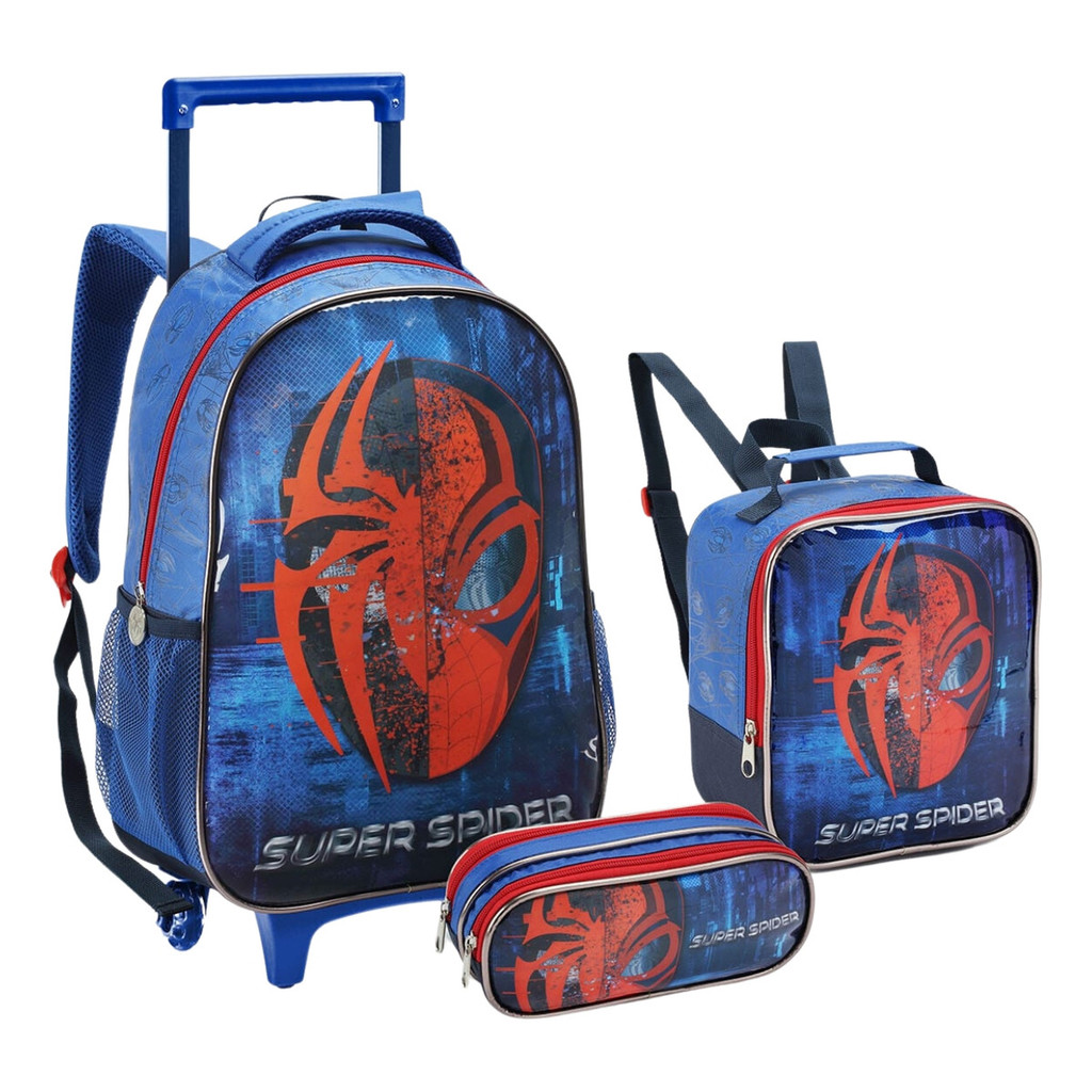 Kit Mochila Rodinha Lancheira Estojo Escolar Infantil Menino Marvel Super Spider Home Aranha Venom