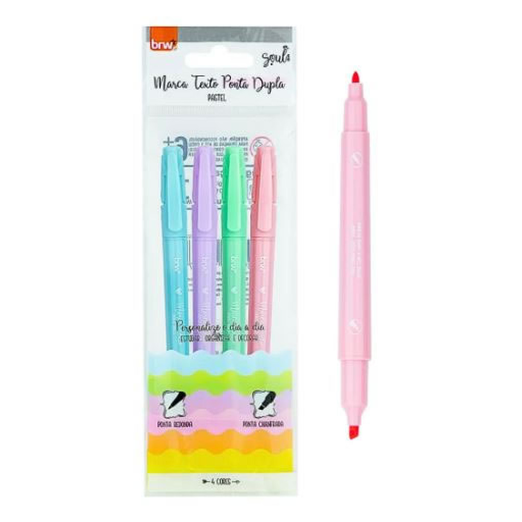 MARCA TEXTO COR PASTEL PONTA DUPLA   RS/LL/VD/AZ   BLISTER C/ 4UN   CA2022   BRW