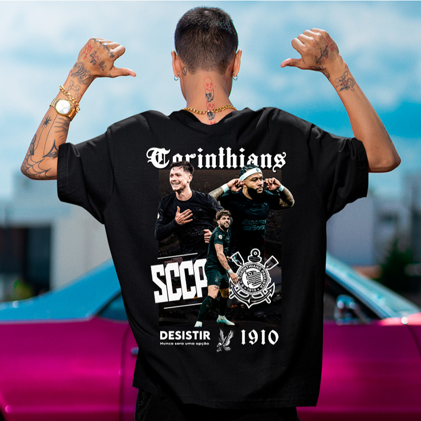 Camiseta unissex frente e costas  timâo o time preto e branco estilo street masculina algodão premium básica