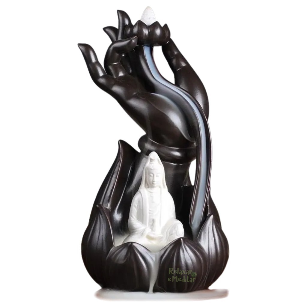 Imagem Incensário Cascata De Fumaça Kuan Yin Fumaça Invertida, Porta Incensos Deusa Kuan Yin, Incensos Cone + 5 Incensos Cone