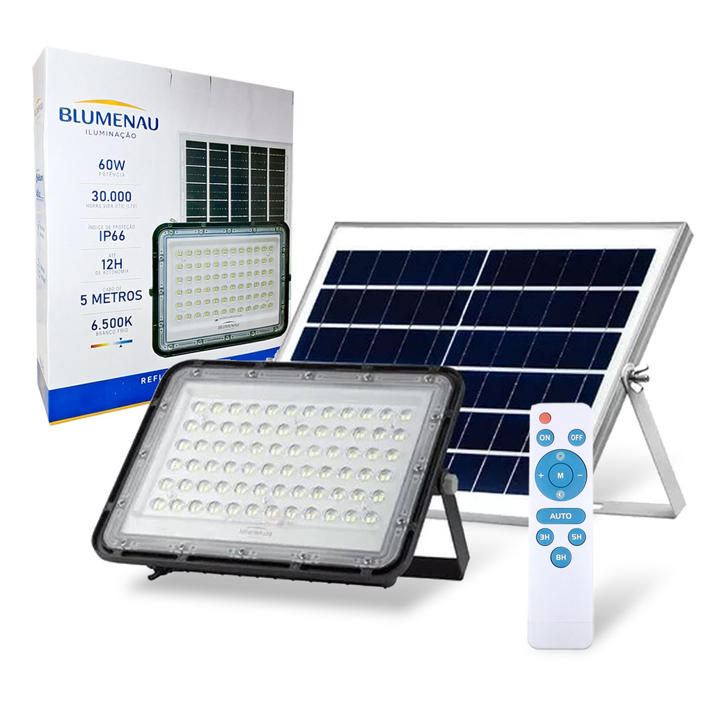 Refletor Tech Holofote Led 60w Placa Solar Sensor Fotocélula Controle Remoto 6500K Bateria Interna