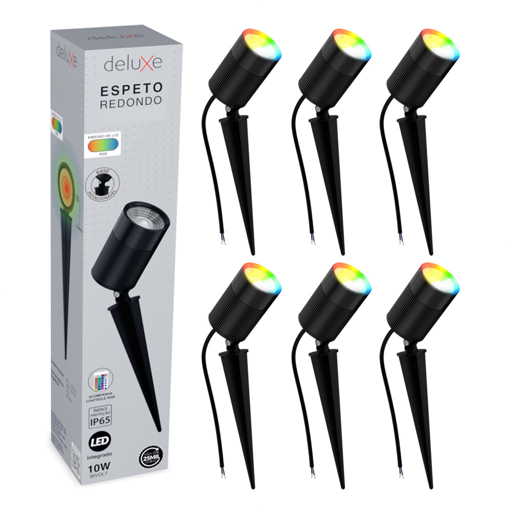 Kit 6 Luminarias Led Jardim Espeto Effect Round 10w RGB Colorido Bivolt Ip65 Preto Cod: 159028252-6 Deluxe By Avant em Oferta na Shopee
