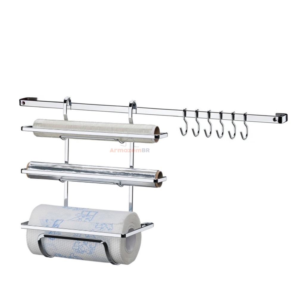 Kit Cozinha 2 Peças Barra 45cm De Parede Suporte Porta Rolo Triplo Papel Toalha Cromado Future
