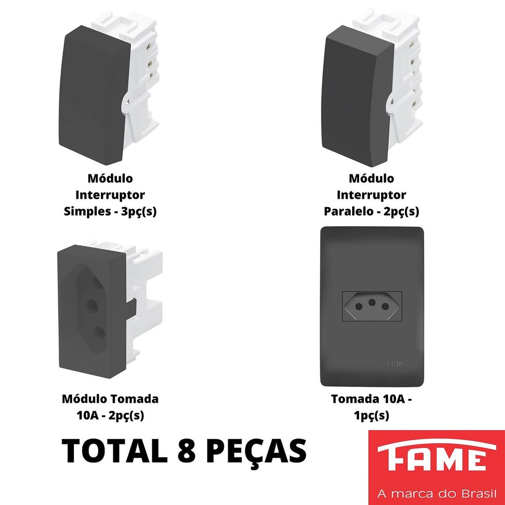 8un Módulo Tomada Interruptor Habitat Black Preto FAME K42
