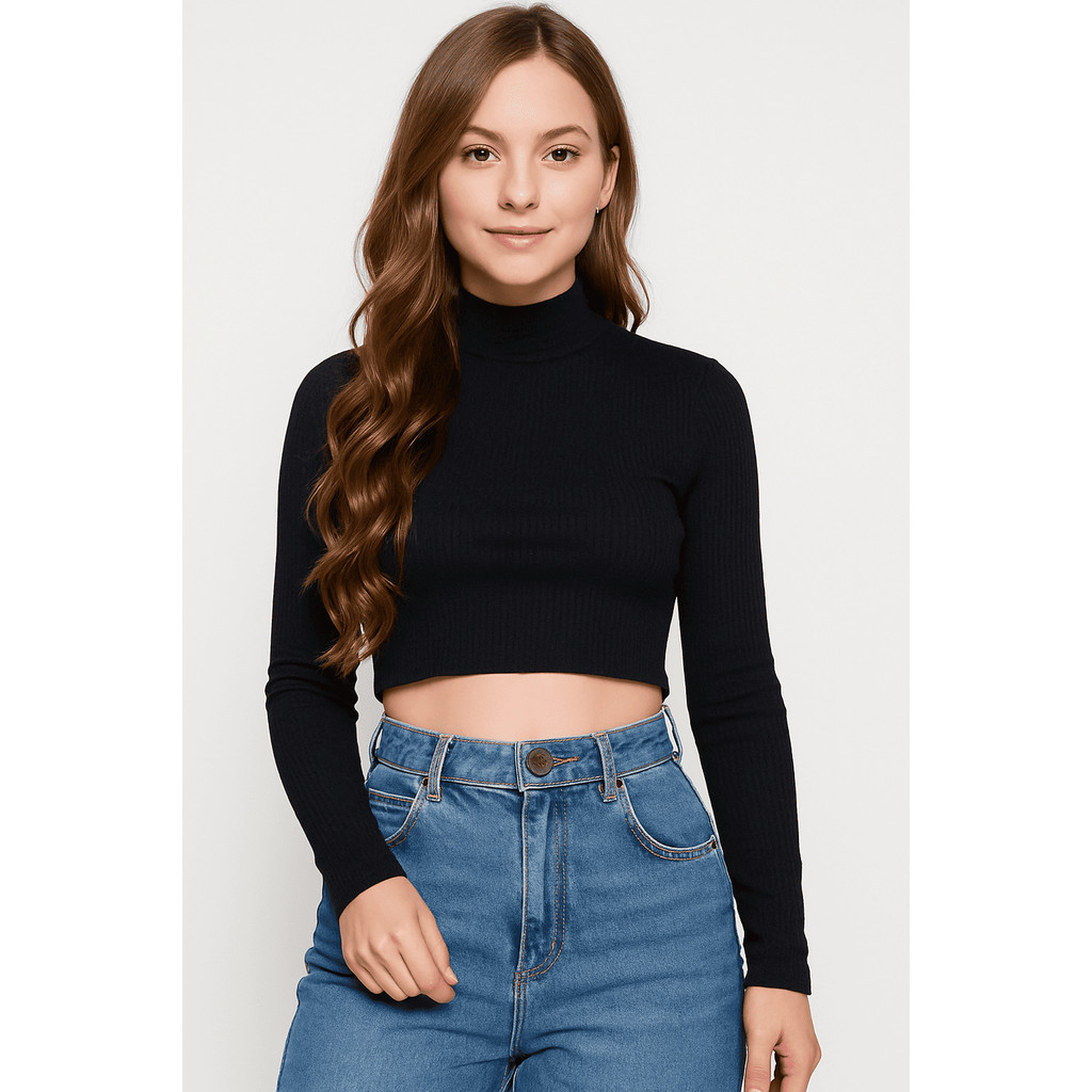 Blusa cropped feminino canelado manga longa gola alta elegante