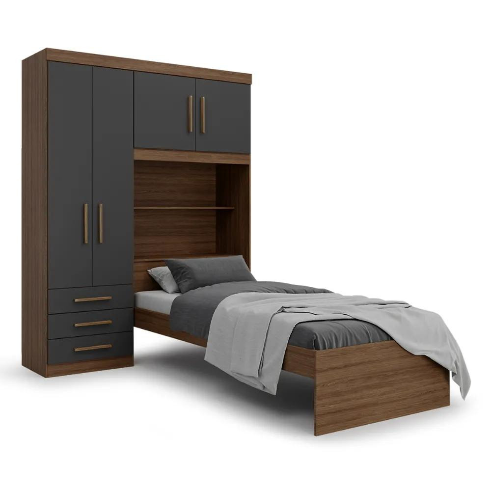 Guarda Roupa Solteiro Turim com Cama e Cabeceira Bau Ipe Wood Grafite Batrol em Oferta na Shopee
