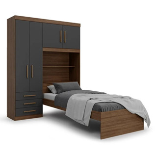 Guarda Roupa Solteiro Turim com Cama e Cabeceira Bau Ipe Wood Grafite Batrol em Oferta na Shopee