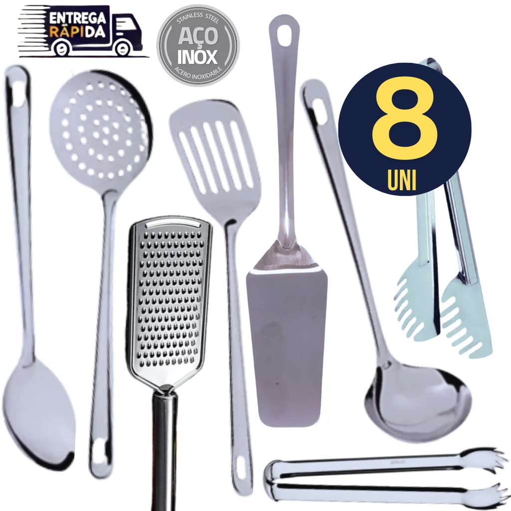 Combo 8 Utensílios em Inox Concha Espátula Escumadeira Colher Arroz Espatula Vazada Pegador Massa Pegador Carne Ralador