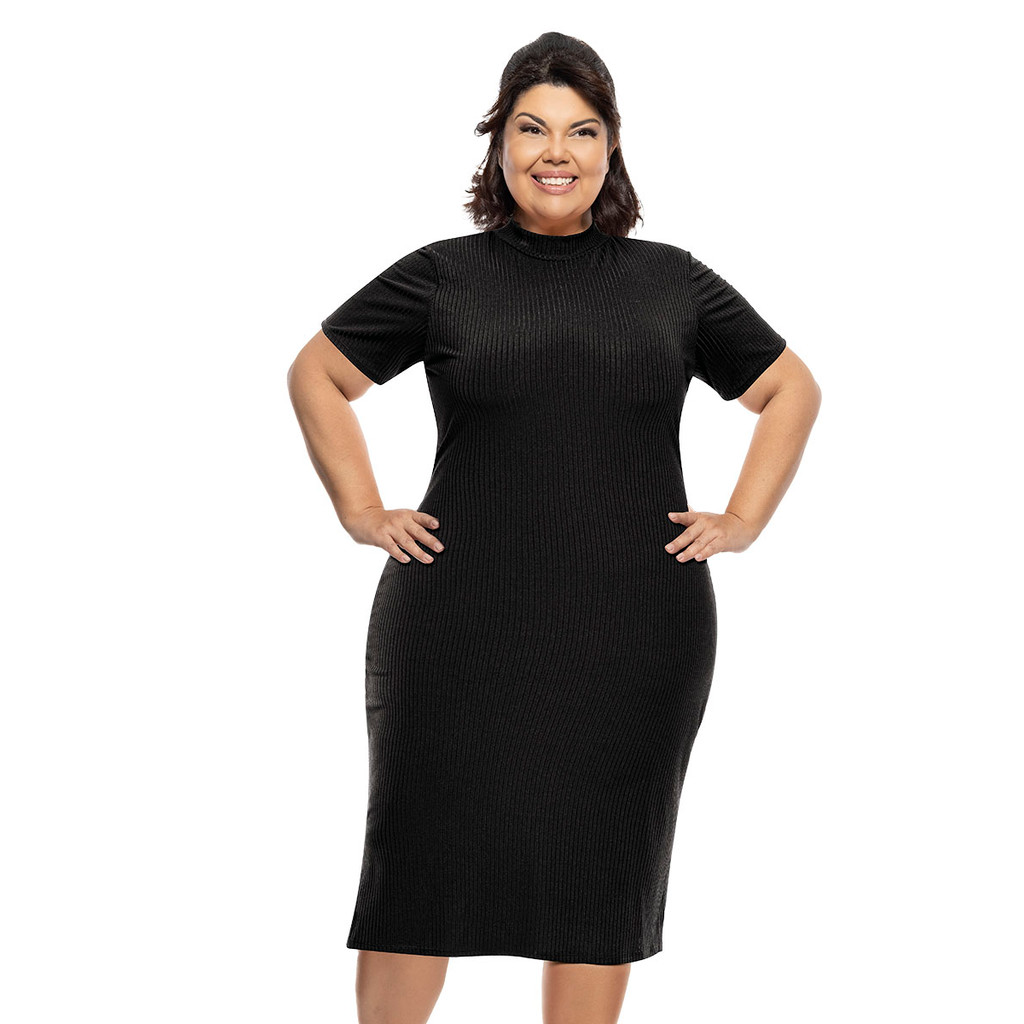 Vestido Midi com Fendas Laterais e Gola Alta- Moda Plus Size