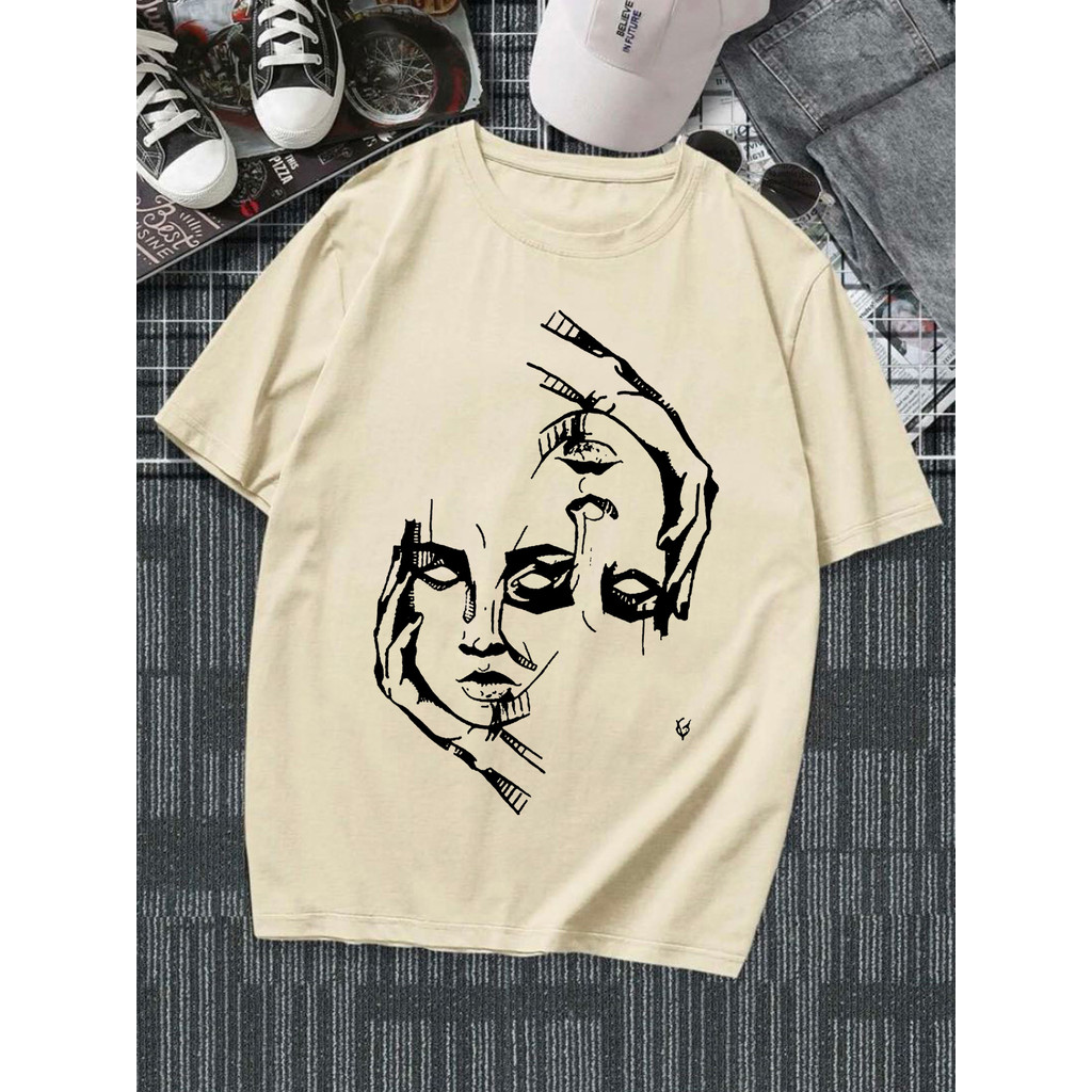 Camiseta Rapazes Camiseta Impressão De Desenho Rosto Contrario Abstrata Estilo Rua Americano
