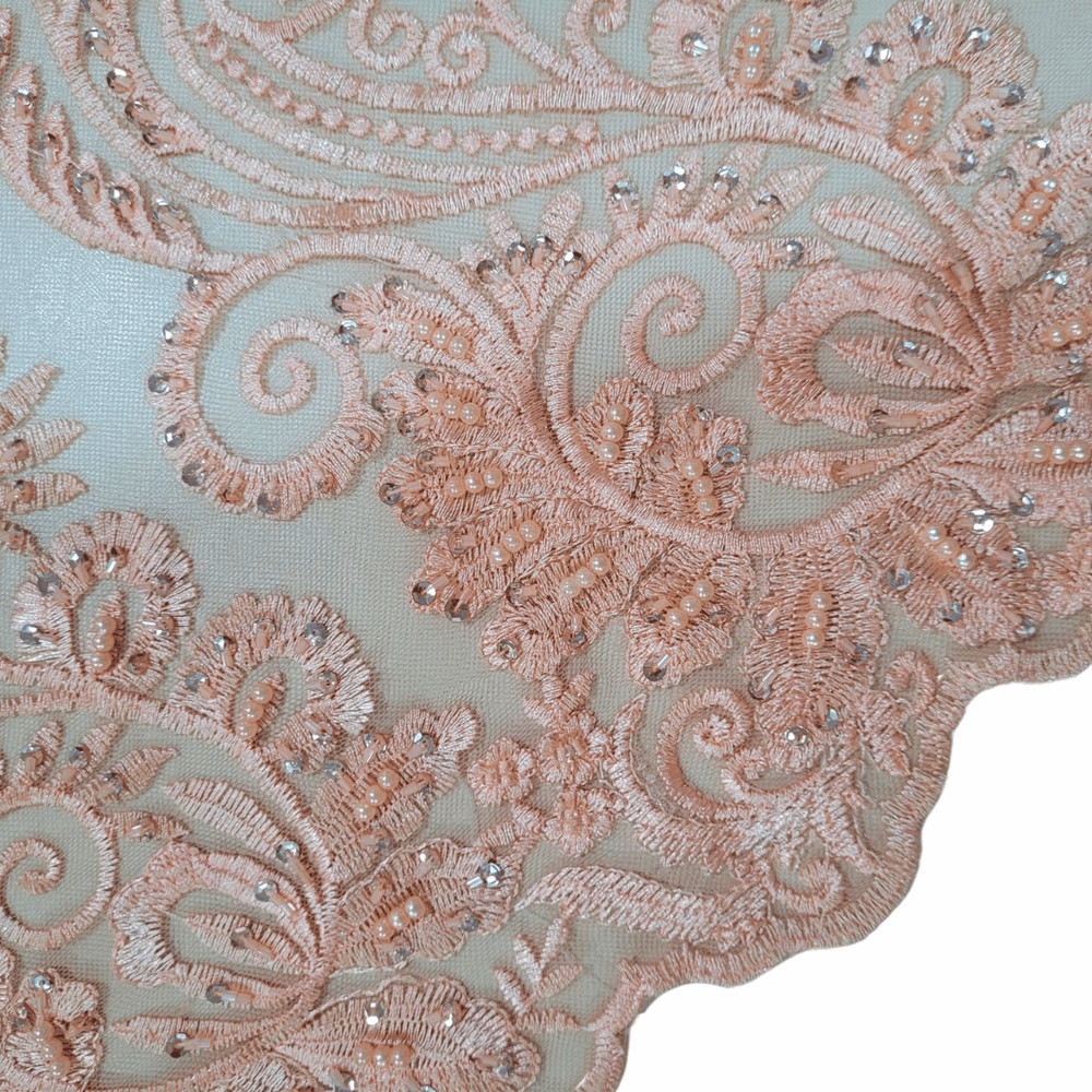 Renda Tule Bordado para Vestido com Pedras Salmão - 1,17m x 70cm