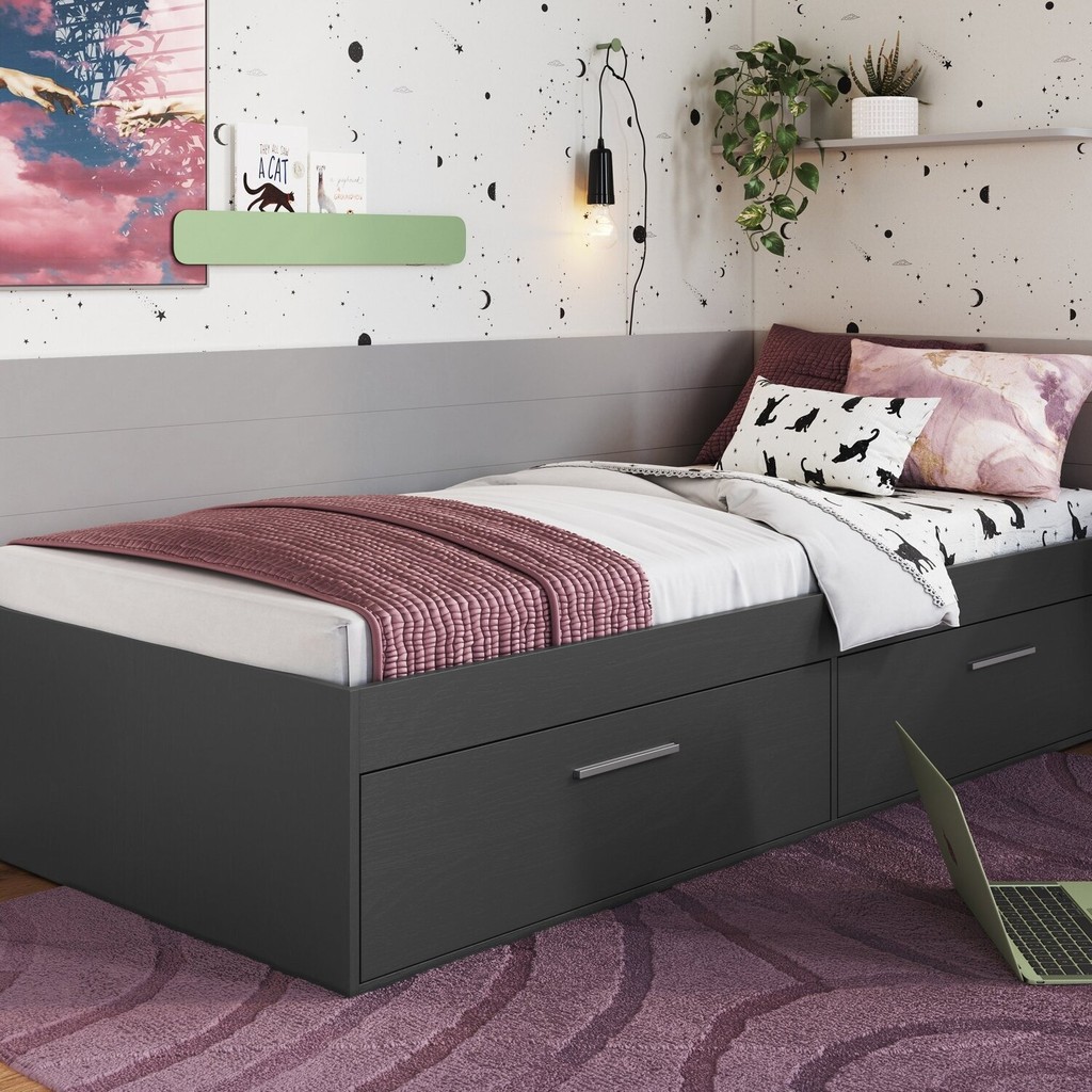 Cama Solteiro Baú Juvenil com 2 Portas Basculantes 80 Tókio  Grafite - Home & Living