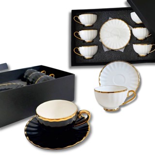 Xícaras de Porcelana Jogo de 06un  Xícara com pires 90ml Borda Dourada em Oferta na Shopee