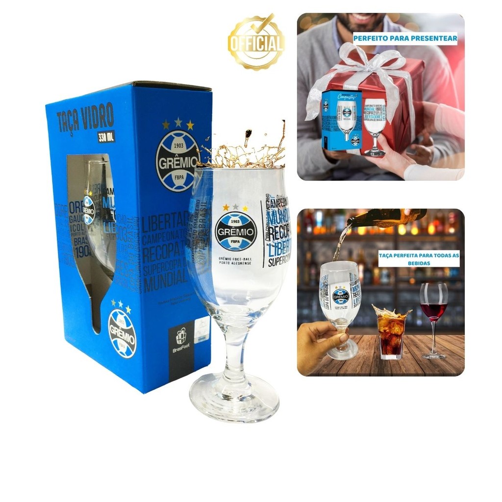 Taça Oficial Windsor 330ml Time Grêmio Títulos Cerveja Vinho Chopp Time Escudo Vidro Presente