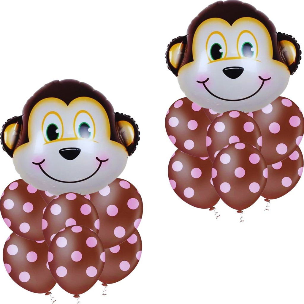 Kit Celebração Safari Macaco Menina: 2 Balões Metalizados Macaco ± 60 Cm + 25 Balões Látex Estampados N9