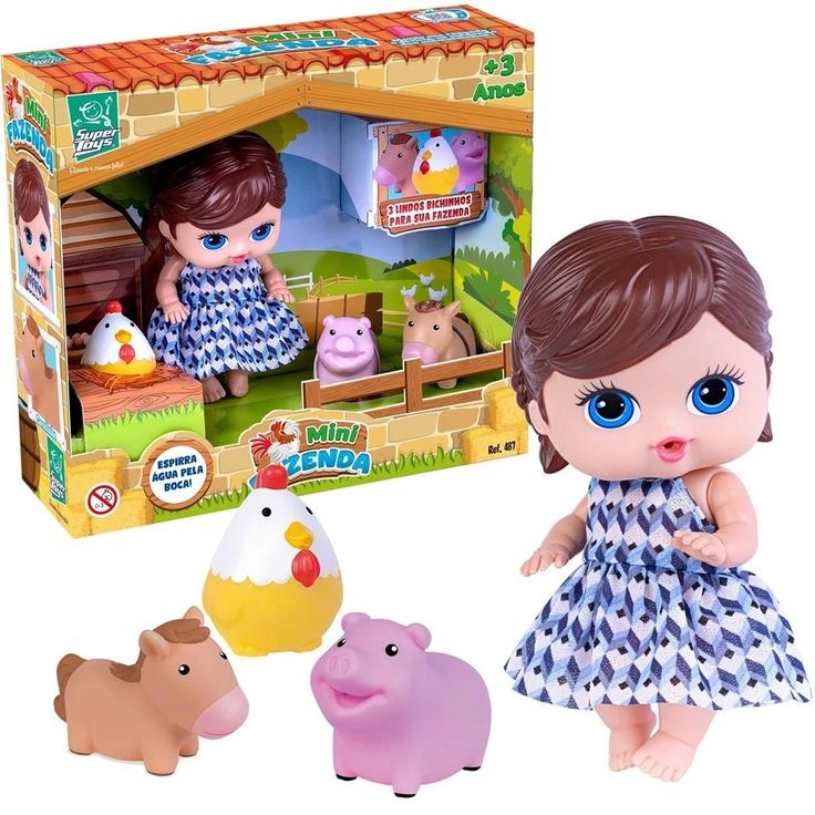 Boneca Mini Fazenda Com 3 Animais Galinha, Porco e Cavalo - Super Toys
