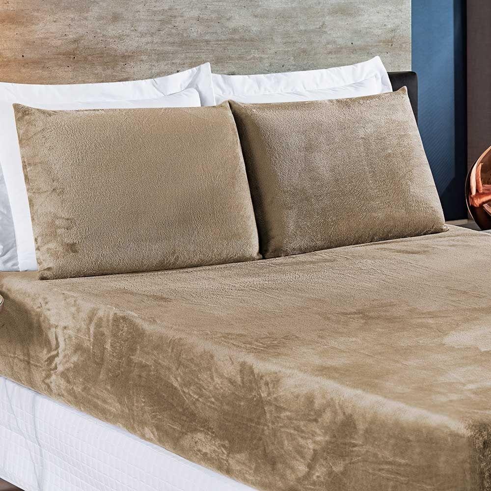 Jogo De Cama Lençol Biasoft Casal Queen Manta Flannel Toque Extra Macio 03 Peças - Cáqui - Home & Living