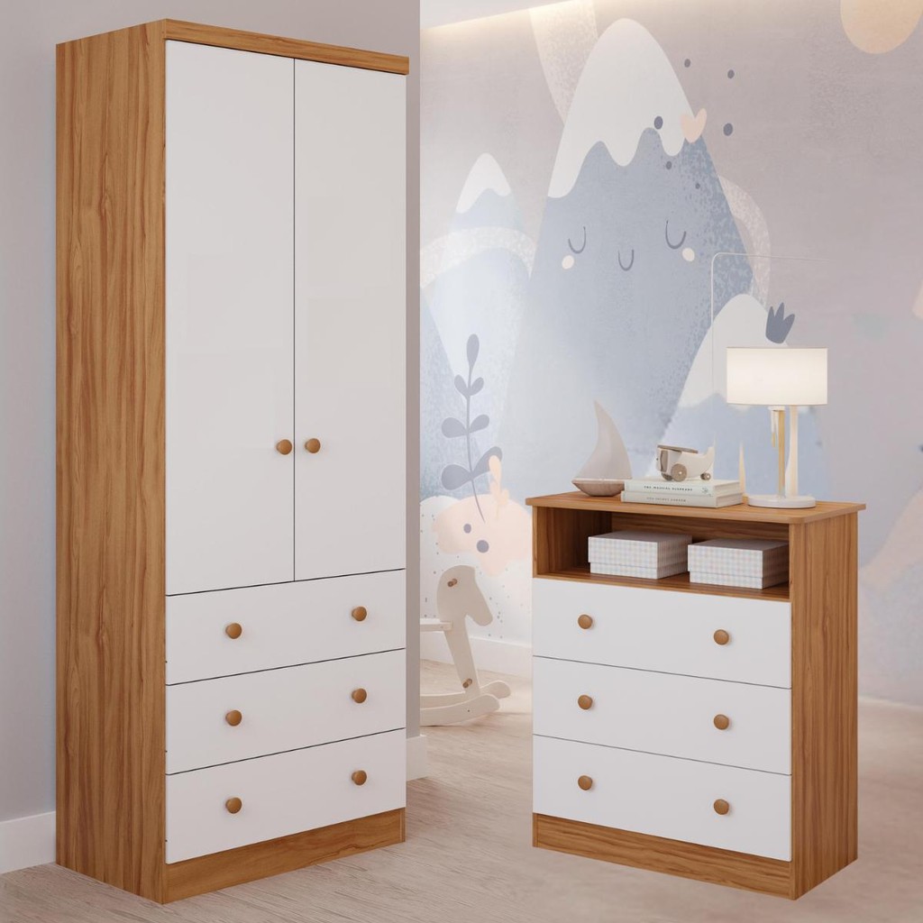 Quarto Infantil Completo Guarda Roupas 2 Portas 3 Gavetas Smim Gaveteiro 3 Gavetas Smim 100% MDF - Mom & Baby