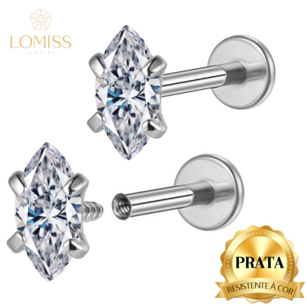 Piercing Labret Prata 925 Oval Com Pontas Ponto De Luz Grau de Implante Helix Tragus Conch Boca Orelha - Fashion Accessories