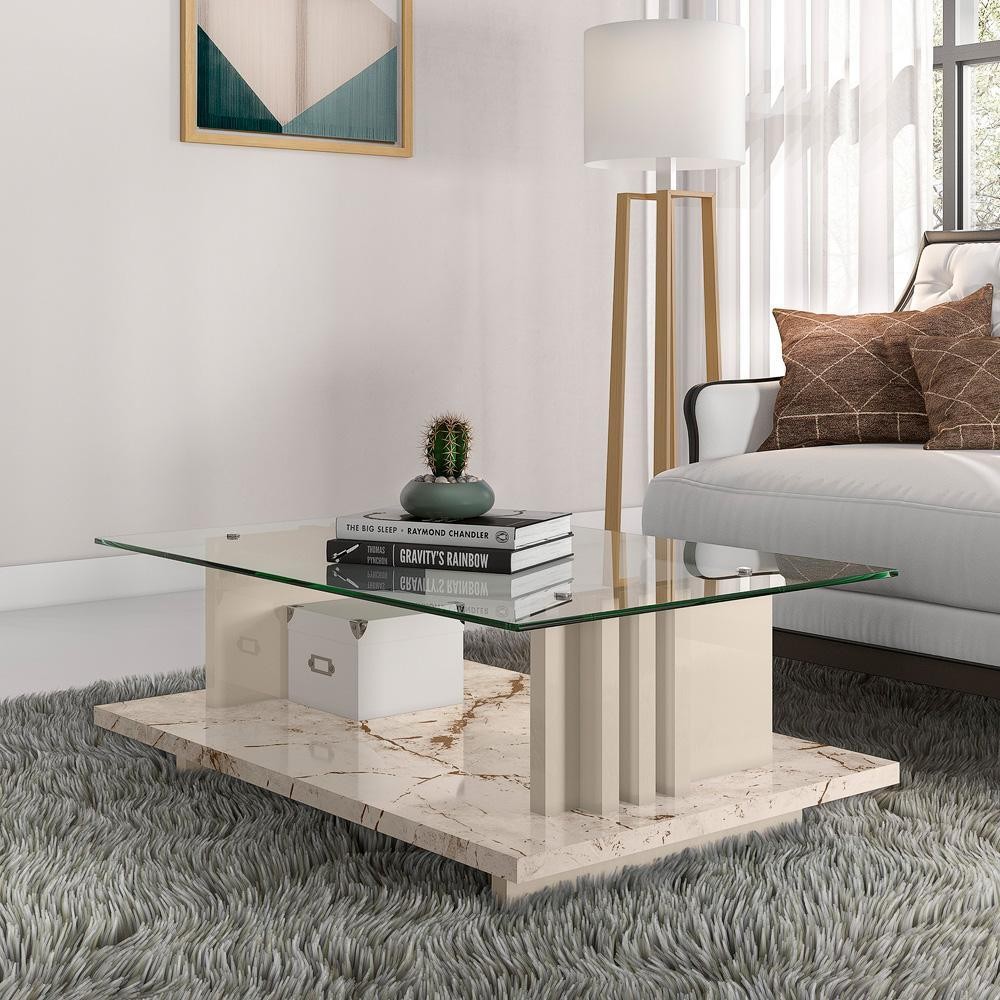 Mesa de Centro com Vidro Atenas Calacata Off-White - Home & Living
