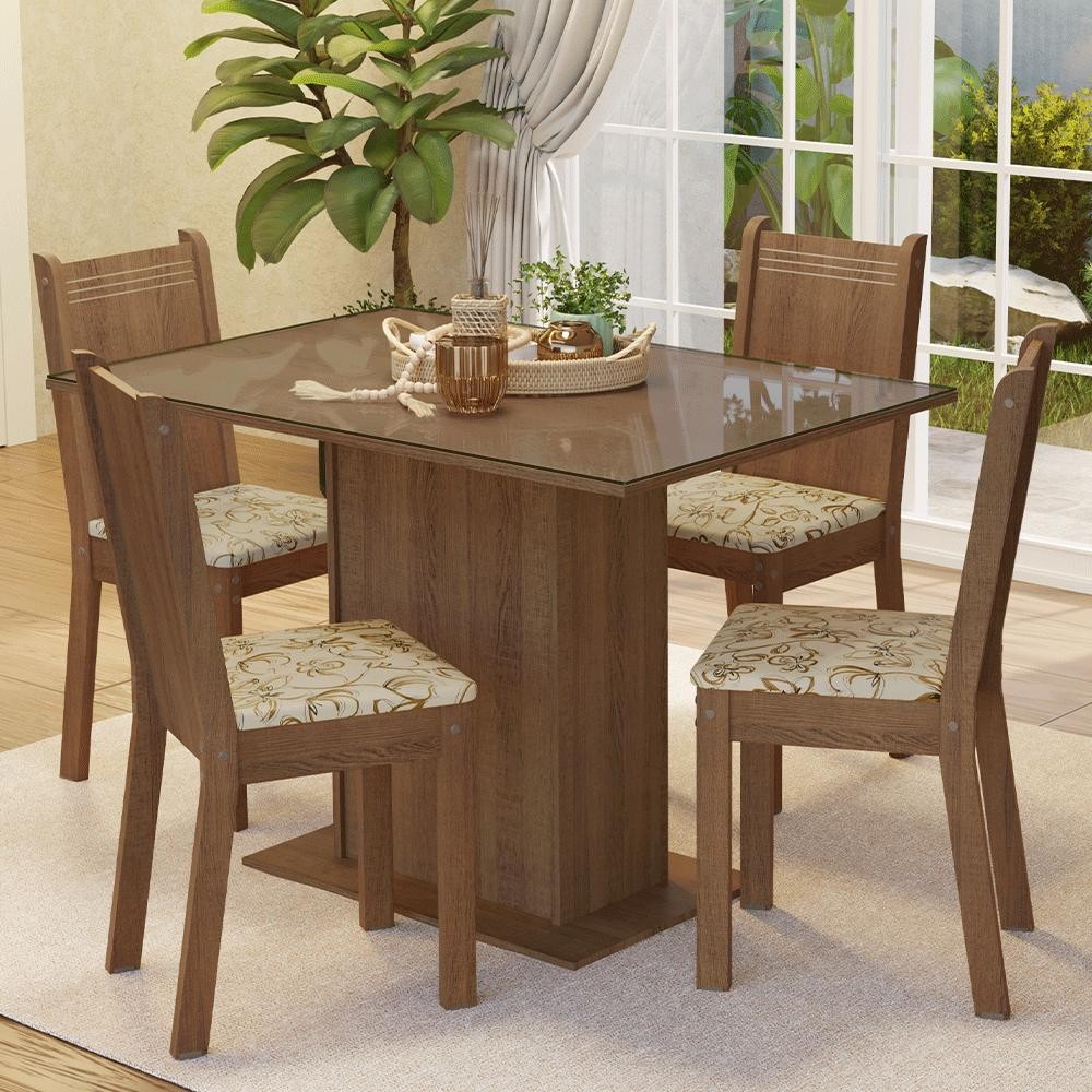 Conjunto Sala de Jantar Mesa Tampo de Vidro 4 Cadeiras Rustic/Lírio Bege Camélia Madesa