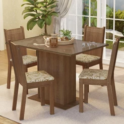 Conjunto Sala de Jantar Mesa Tampo de Vidro 4 Cadeiras Rustic/Lírio Bege Camélia Madesa
