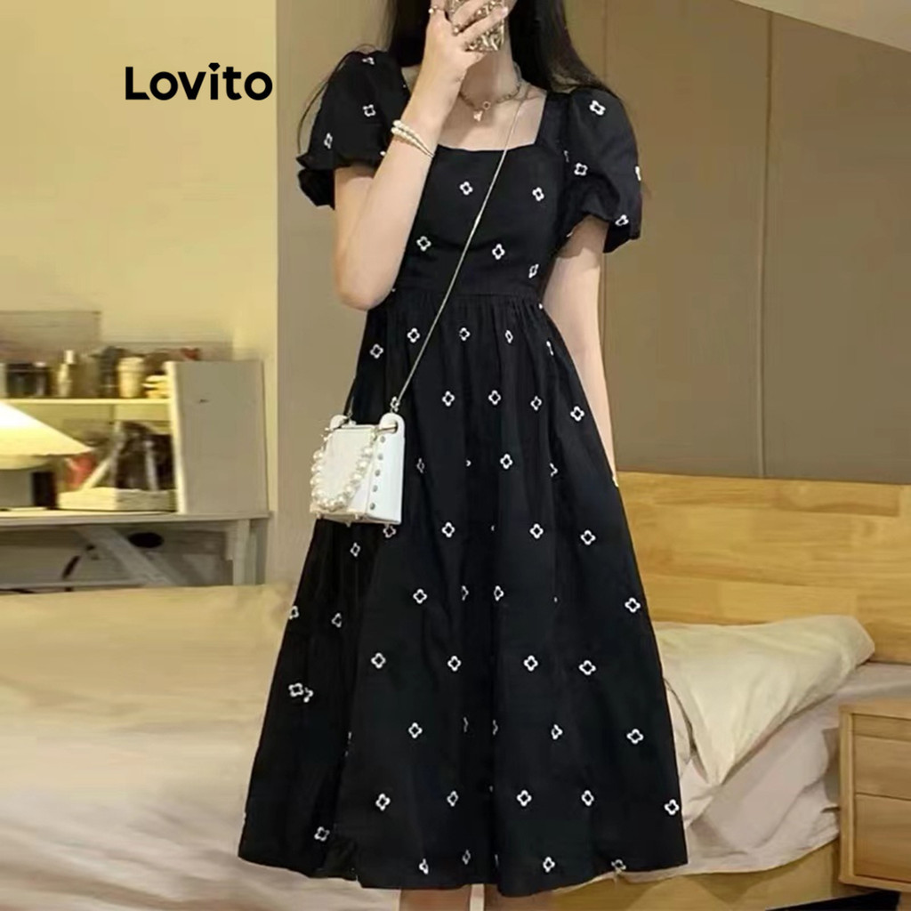 Lovito Vestido Casual com Mangas Bufantes Florais e Decote Quadrado para Mulheres LNA05105