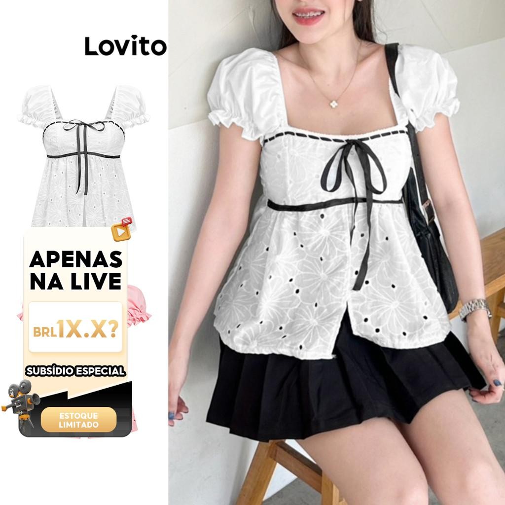 (LIVE STREAM SALE) Lovito Linda blusa lisa com renda para mulheres L88AD206(Multicolorido) em Oferta na Shopee