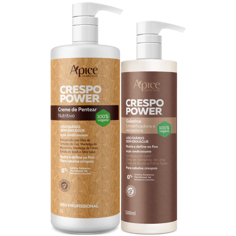 Kit Apice Crespo Power Creme De Pentear + Gelatina Grande Profissional Litro Apse Vegano