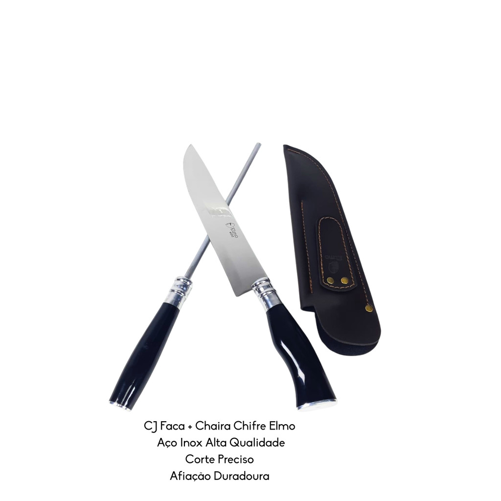 Kit Faca + Chaira Elmo 9” Cabo em Chifre e Qualidade Artesanal
