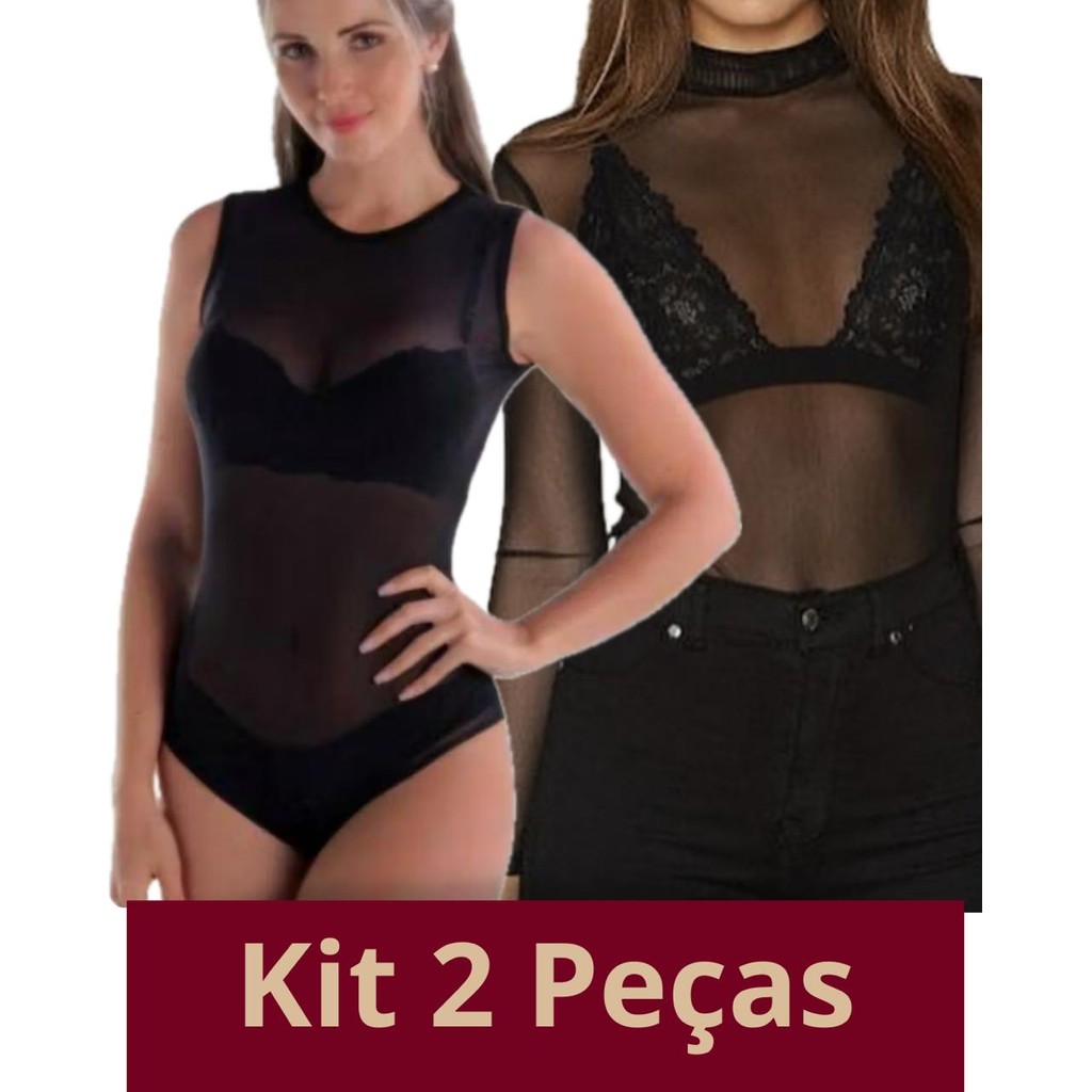 Kit Com 2 Bodys Tule Transparente Regata e Manga Longa Com Gola Alta Cacharrel