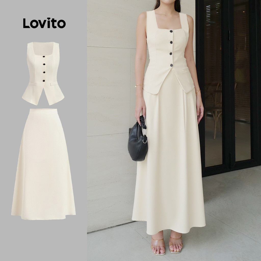 Lovito Tops Ou Calças Elegantes Com Botão Falso Bolso Saia Verão/Primavera Tops Ou Calças Para Mulheres L128ED516 - Women Clothes