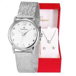 Relógio Feminino Analógico Champion Prata Texturizado Mini com Pulseira ajustável + Conjunto Colar e Brincos CF24091Q