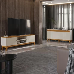 Conjunto Sala de Estar Buffet 4 Portas Ripado e Rack para Tv até 75 Polegadas - ViaNossa
