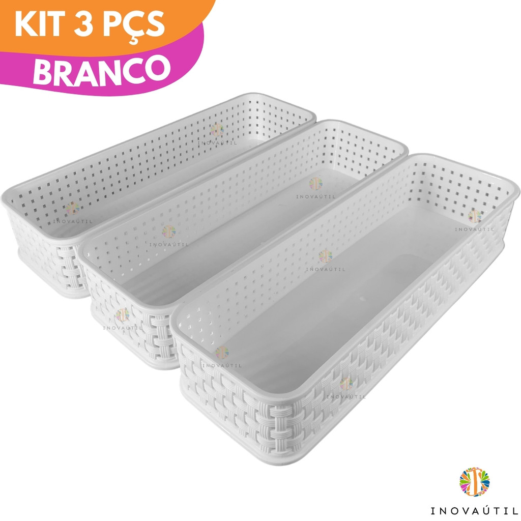 Porta Talher Organizador de Gaveta 3Pçs 30x10x06 Branco Rattan Cozinha Cosméticos