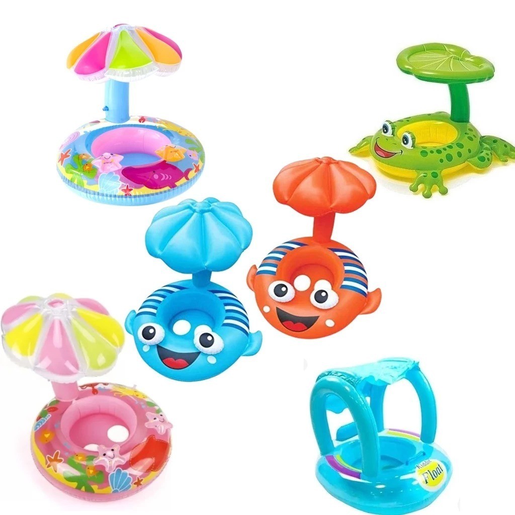 Boia Infantil Inflável para Criança Bebê de Piscina Bote com Fralda e Cobertura para proteção do Sol