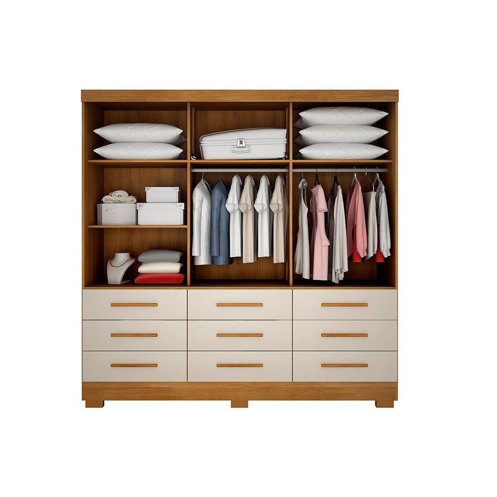 Detalhes do Guarda Roupa Solteiro 3 Portas e 9 Gavetas c/ Espelho Jequitibá/Buriti Branco - Novo Horizonte