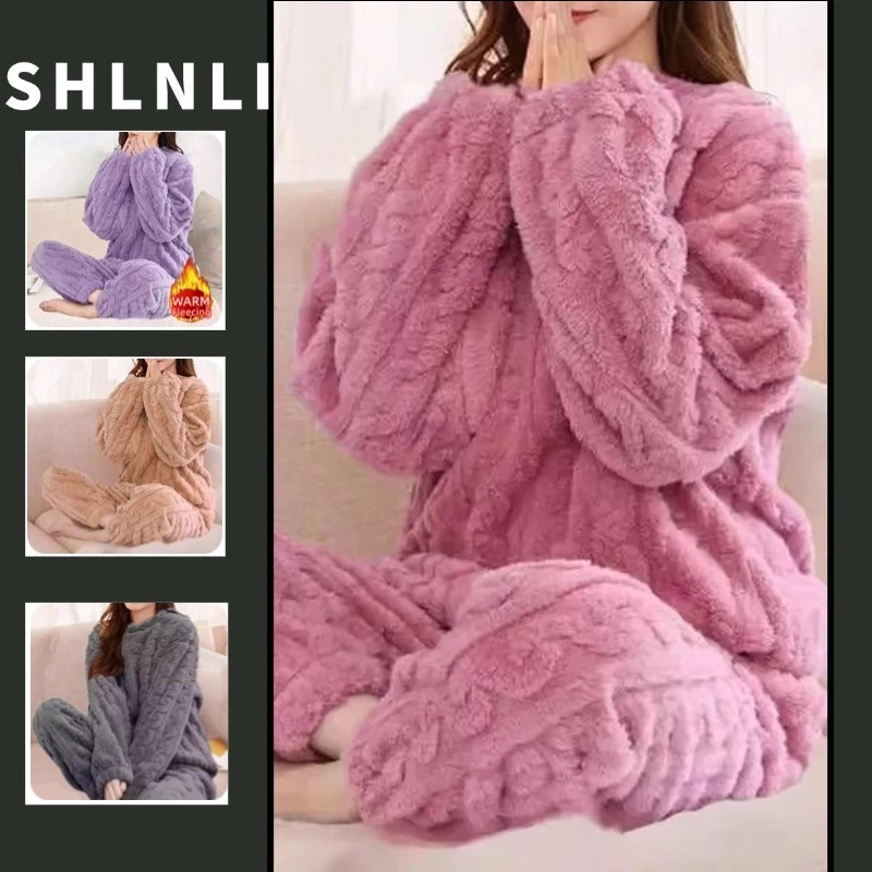 2 Peças/1 Conjunto Outono Inverno Solto Doce Casual Pijamas Feminino Grosso Lã Manga Longa Topo Casa Cintura Elástica Ca — imagem 1