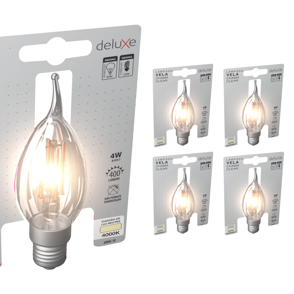 Kit 5 Lampadas Led Vela Filamento Chama Clear 4w 4000k Branco Neutro E14 110v/220v Cod: 351170876-5 Deluxe By Avant em Oferta na Shopee