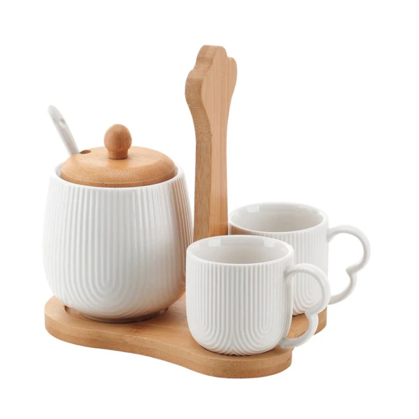 Jogo Xícaras Café 90ml Com Açucareiro e Suporte bambu Oásis