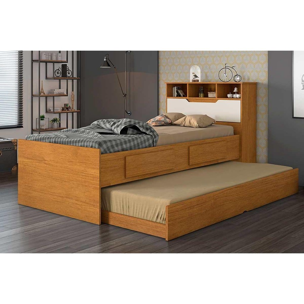 Cama Solteiro Ravena 2 Gavetas c/Auxiliar Cinamomo/Off White - Conquista - Home & Living